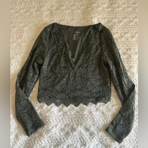 olive green V-Neck Long Sleeve Shirts Double Lined Slim Fitted Trendy Lace Y2K